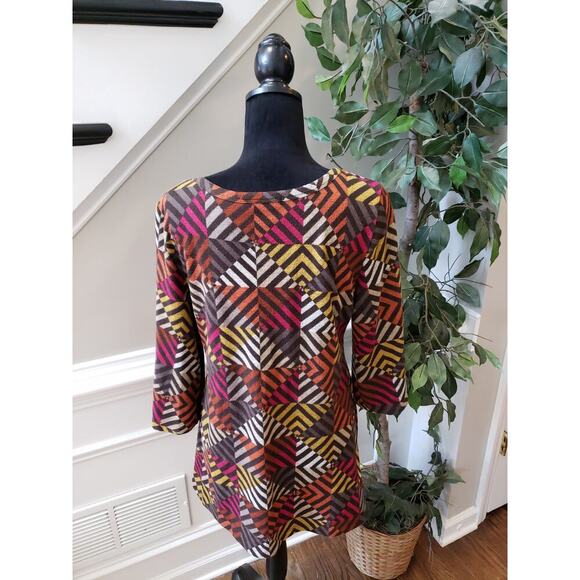 Women's One World Multicolor Tunic Top L Boho V Neck 3/4 Sleeve Stretch Knit - Picture 7 of 12